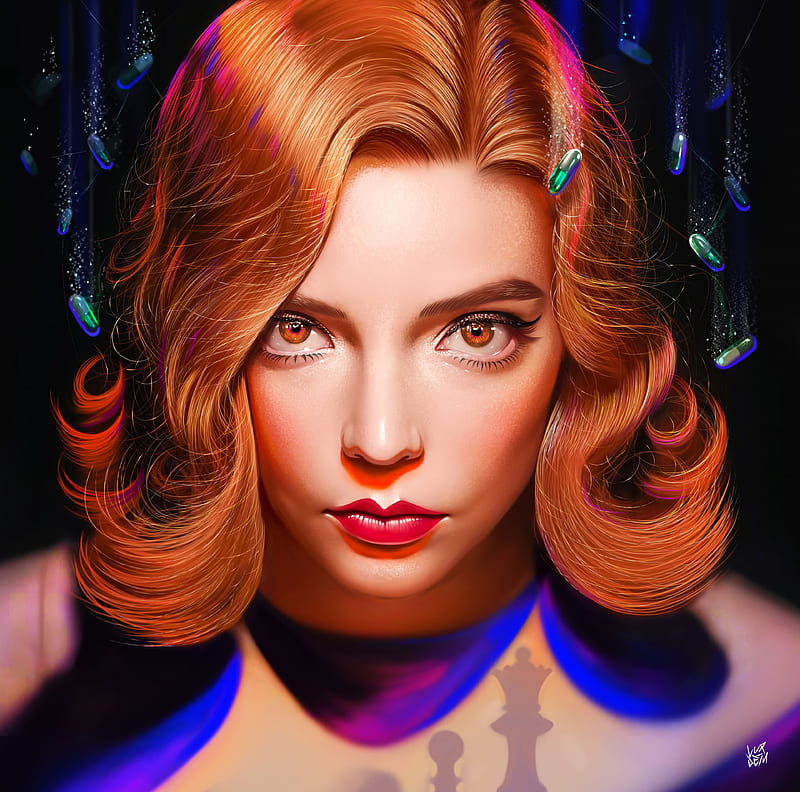Absence - Eva et Jinkins HD-wallpaper-queen-s-gambit-art-elizabeth-harmon-fantasy-girl-redhead-yasar-vurdem-face-portrait