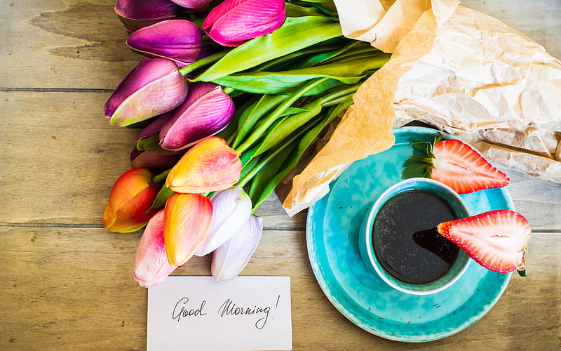 Good morning, bouquet of tulips, spring flowers, coffee, romantic morning, tulips, HD wallpaper