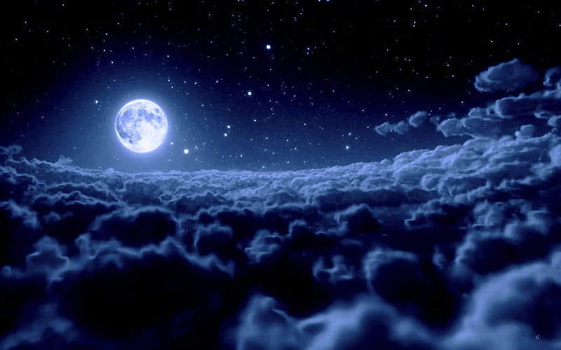 FULL MOON & STARRY NIGHT, stars, clouds, full moon, night, HD wallpaper