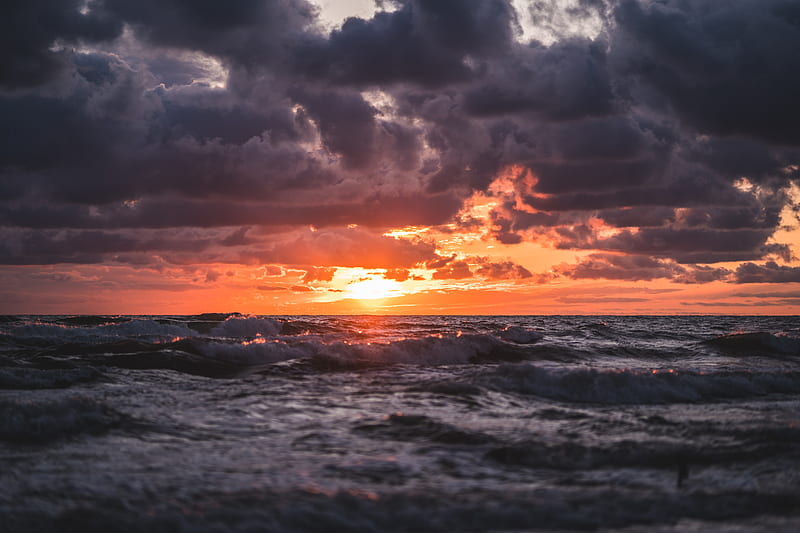 sunset, sea, waves, clouds, horizon, HD wallpaper