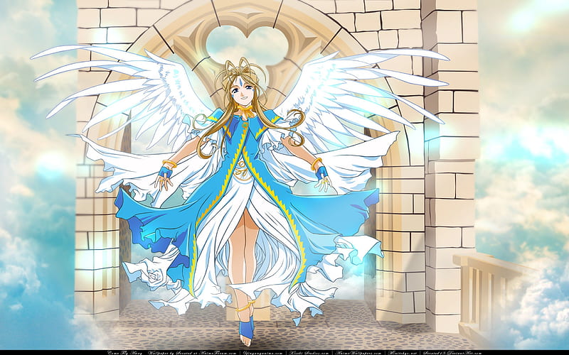 Beautiful Goddess, pretty, blue dress, wings, belldandy, anime, angel, long hair, ah my goddess, HD wallpaper