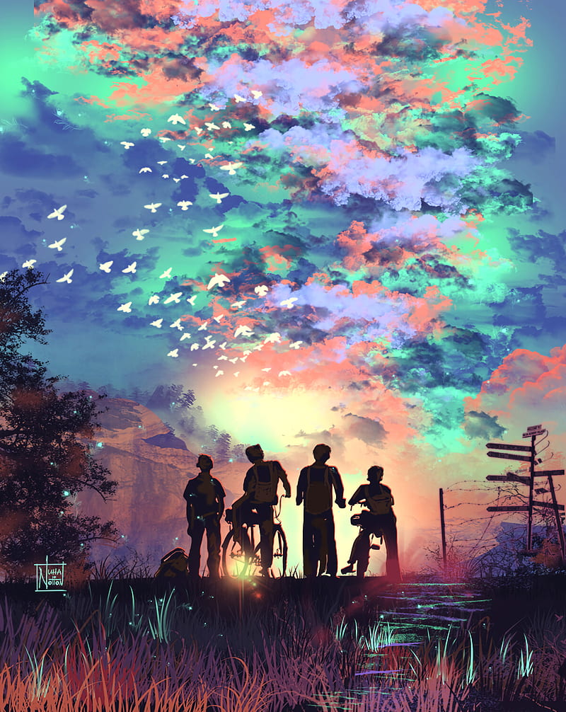 friends, children, silhouettes, bicycles, art, HD phone wallpaper