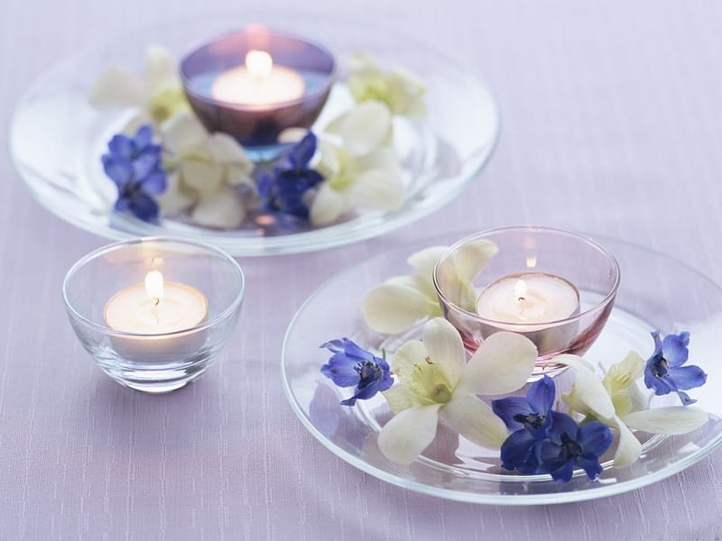 FRAGRANT TEALIGHTS, glass, pretty, tables, flames, flowers, white, blue, candles, HD wallpaper