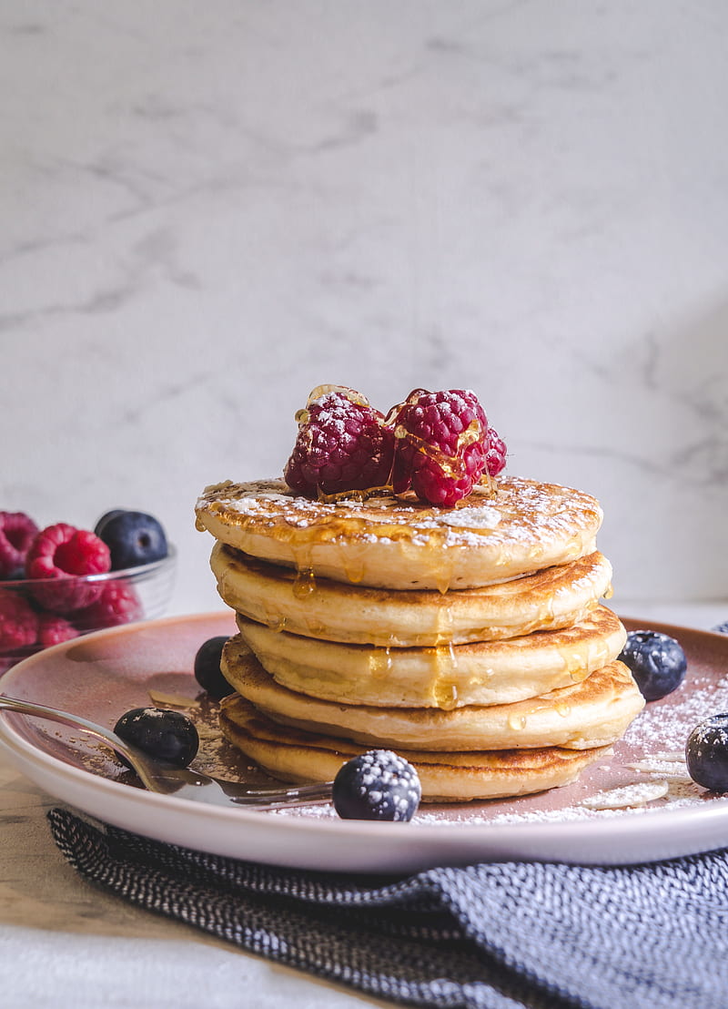 pancakes, berries, honey, powder, dessert, HD phone wallpaper