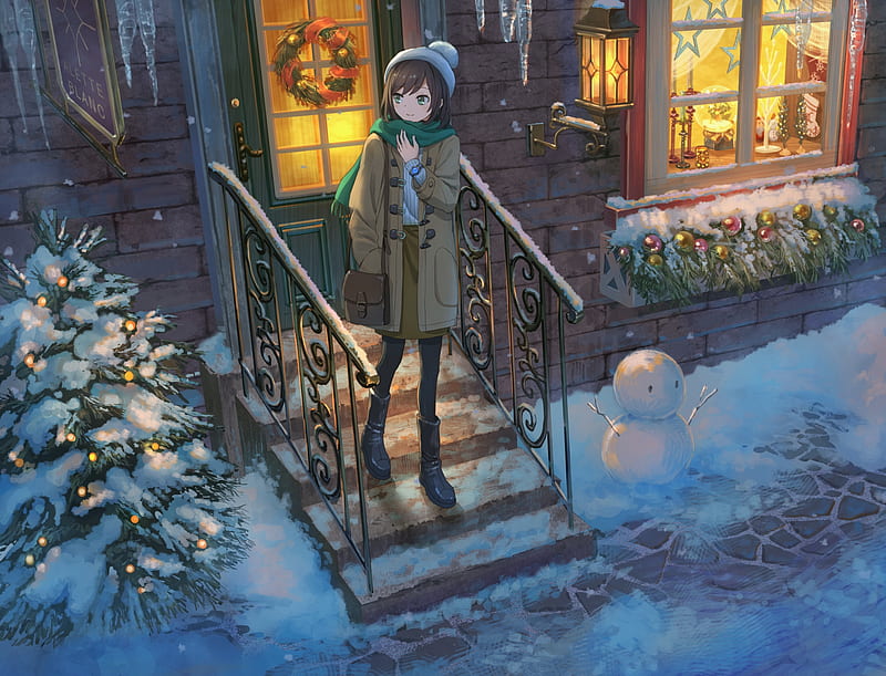 anime girl, winter, stairs, scarf, beanie, coat, brown hair, snowman, christmas, Anime, HD wallpaper
