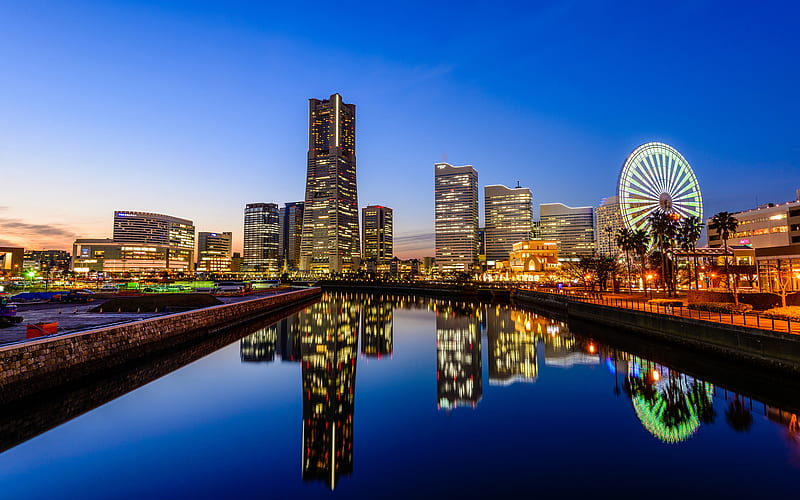 Yokohama, nightscape, ferris wheel, modern buildings, japan, Asia, HD wallpaper