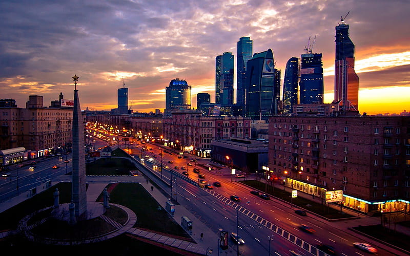 skyscrapers, moscow, evening, lights, city, moscow-city, street, business center, HD wallpaper