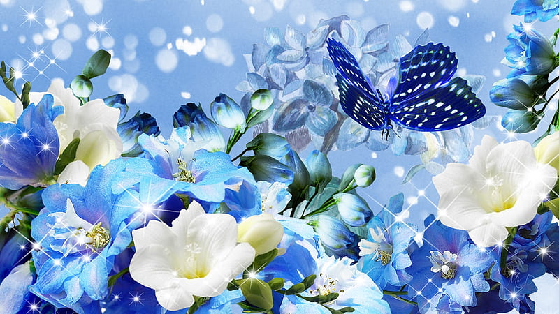 Blue Rhapsody, sparkle, butterfly, morning glory, summer, flowers, spring, Firefox Persona theme, blue, HD wallpaper