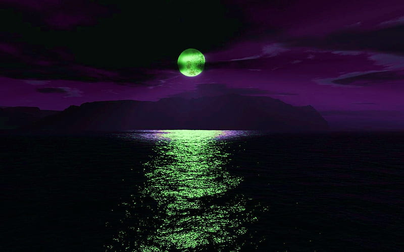 green moon w/ purple sky, moon, reflection, purple, green, HD wallpaper