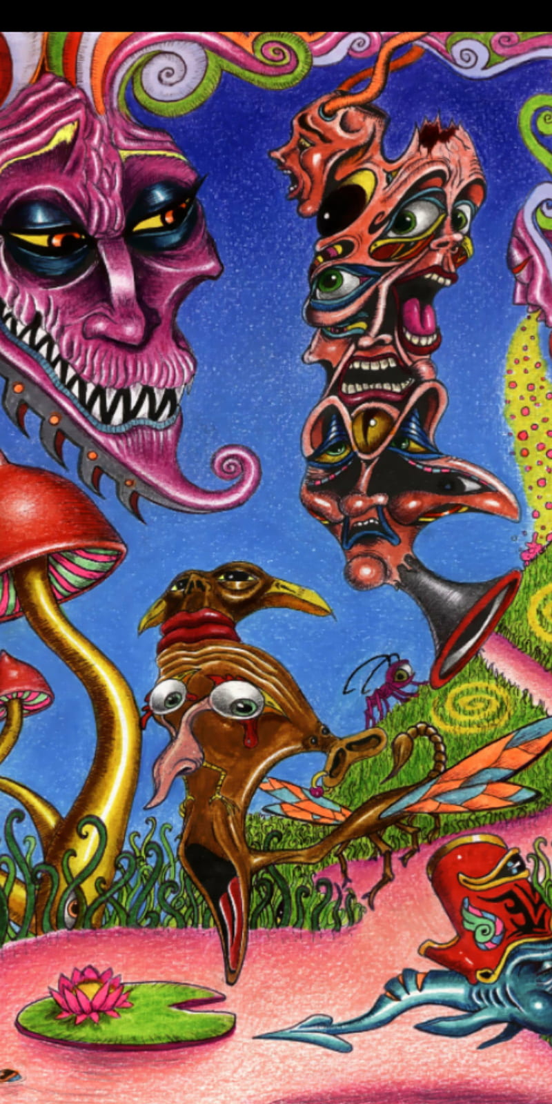 Trippin, colorful, cool, crazy, creepy, drawing, high, mushroom, spooky, tripping, HD phone wallpaper