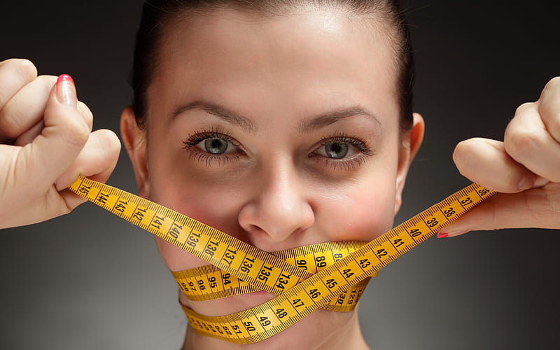 diet concepts, measuring tape, tied up mouth, diet, properly eating, weight loss, HD wallpaper