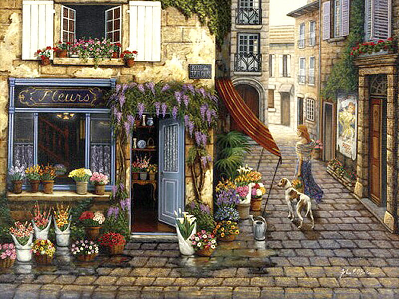 Flower Shop F5, art, cityscape, paris, john obrien, artwork, obrien, painting, streets, lady, scenery, dog, HD wallpaper