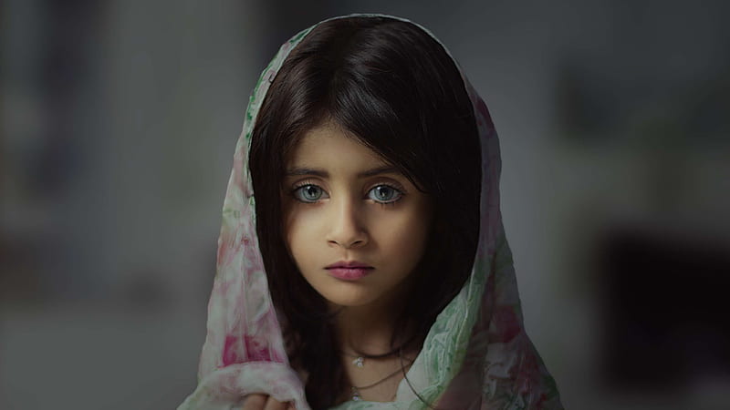 Grey Eyes Cute Little Girl Head Covered With Cloth Standing In Blur Background Cute, HD wallpaper