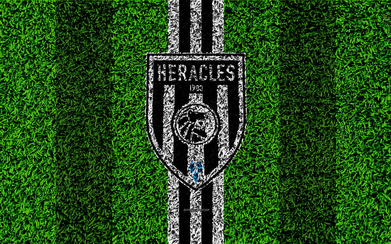 Heracles FC emblem, football lawn, Dutch football club, logo, grass texture, Eredivisie, black and white lines, Almelo, Netherlands, football, Heracles Almelo, HD wallpaper
