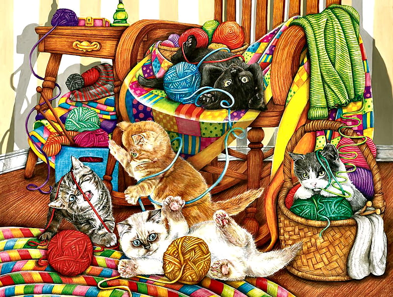 All Tangled Up F, knitting, art, bonito, pets, artwork, animal, feline, yarn, painting, wide screen, tangled, cats, HD wallpaper
