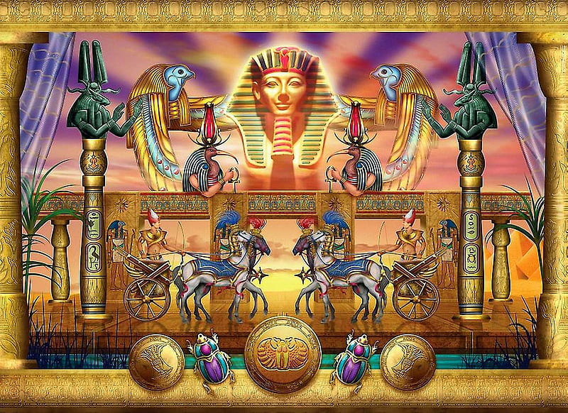 Egyptian Triptych, beetles, mask, pharaon, art, digital, birds, HD wallpaper