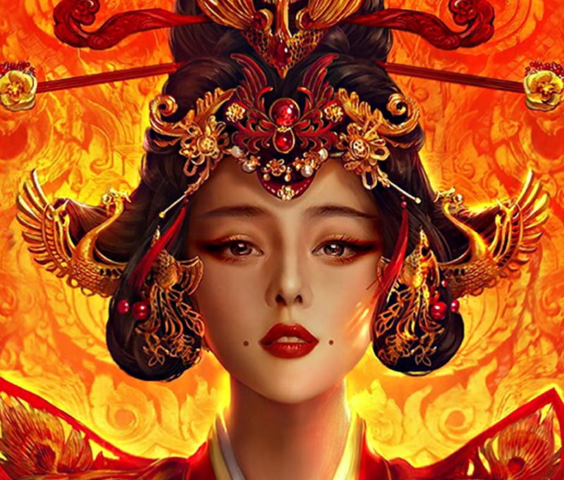 The Empress of China, red, art, luminos, fan bingbing, china, queen, yellow, woman, fire, fantasy, girl, digital, empress, beauty, face, HD wallpaper