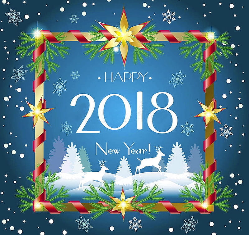 Happy new year 2018 !, brand, colorful, bonito, deer painting, heaven, color, star, blue, lovely, christmas design, sign, new year, 2018, winter, happy, logo, magical, HD wallpaper