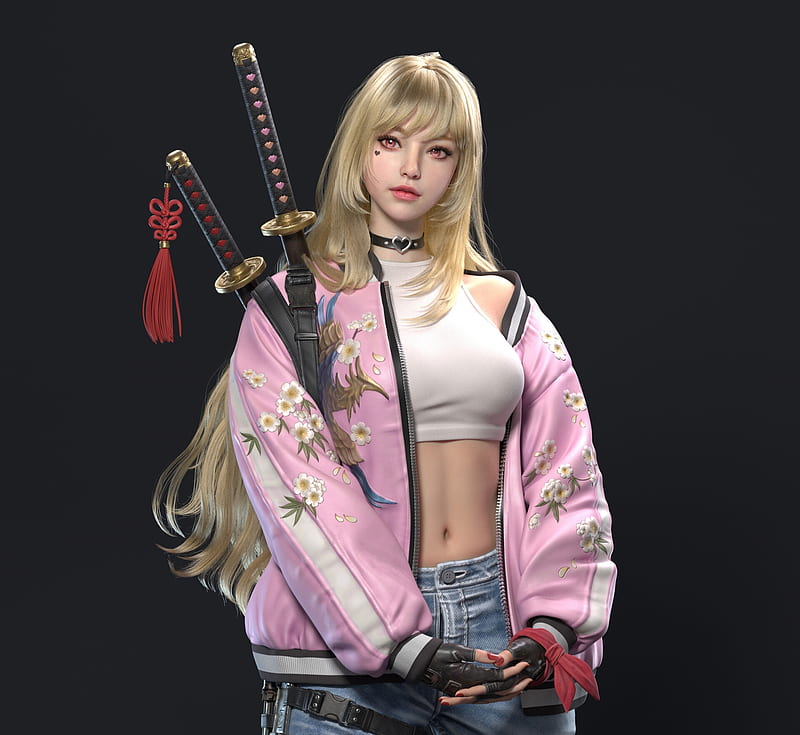 Modern samurai, fantasy, dong l, girl, katana, blonde, black, pink, sword, samurai, HD wallpaper