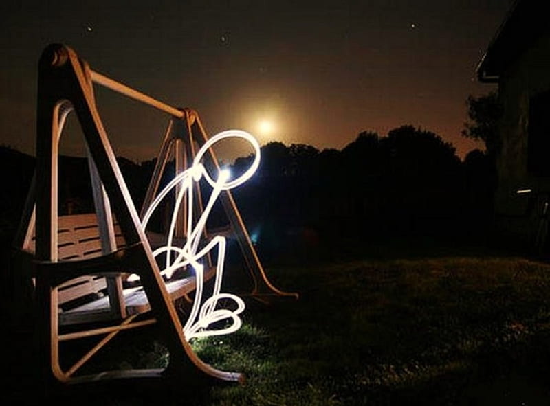 'All by myself'...., moon, swing, stick figures, graffitti, HD wallpaper