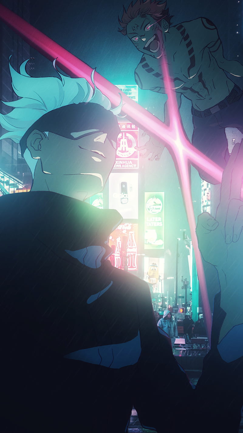 Gojou vs Sukuna, anime, city, cyberpunk, japan, jujutsu kaisen, manga, neon, HD phone wallpaper