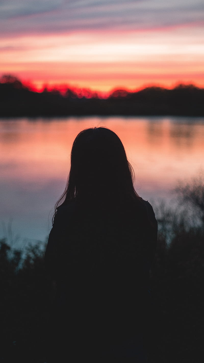 Silhouette, nature, lake, girl, woman, people, sunset, mood, love, alone, HD phone wallpaper