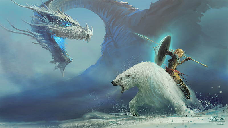 Fantasy, Warrior, Bear, Dragon, Winter, HD wallpaper