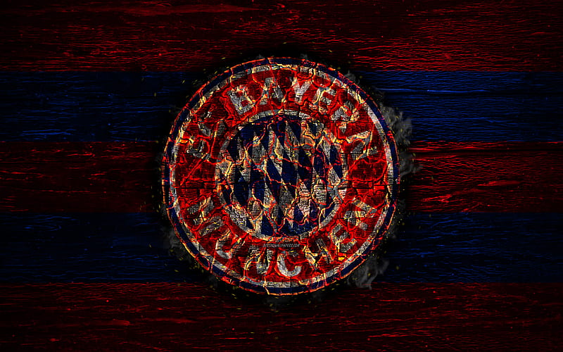 Bayern Munchen FC, fire logo, Bundesliga, german football club, grunge, football, soccer, logo, Bayern Munchen, wooden texture, Germany, HD wallpaper