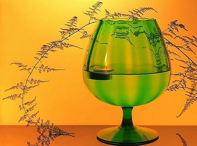Floating candle in green, vines, floating candle, orange and gold background, green goblet, HD wallpaper