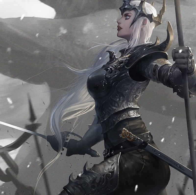 To Battle, fantasy woman, elf, white hair, rude, bonito, abstract ...