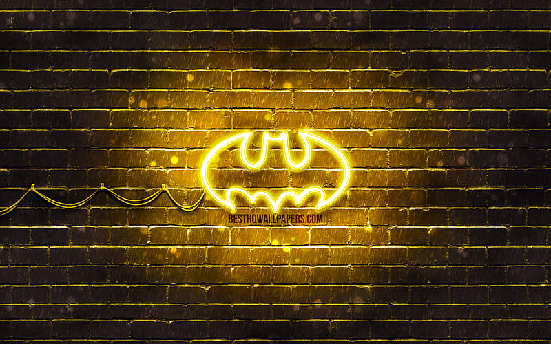 Batman yellow logo yellow brickwall, Batman logo, superheroes, Batman neon logo, Batman, HD wallpaper