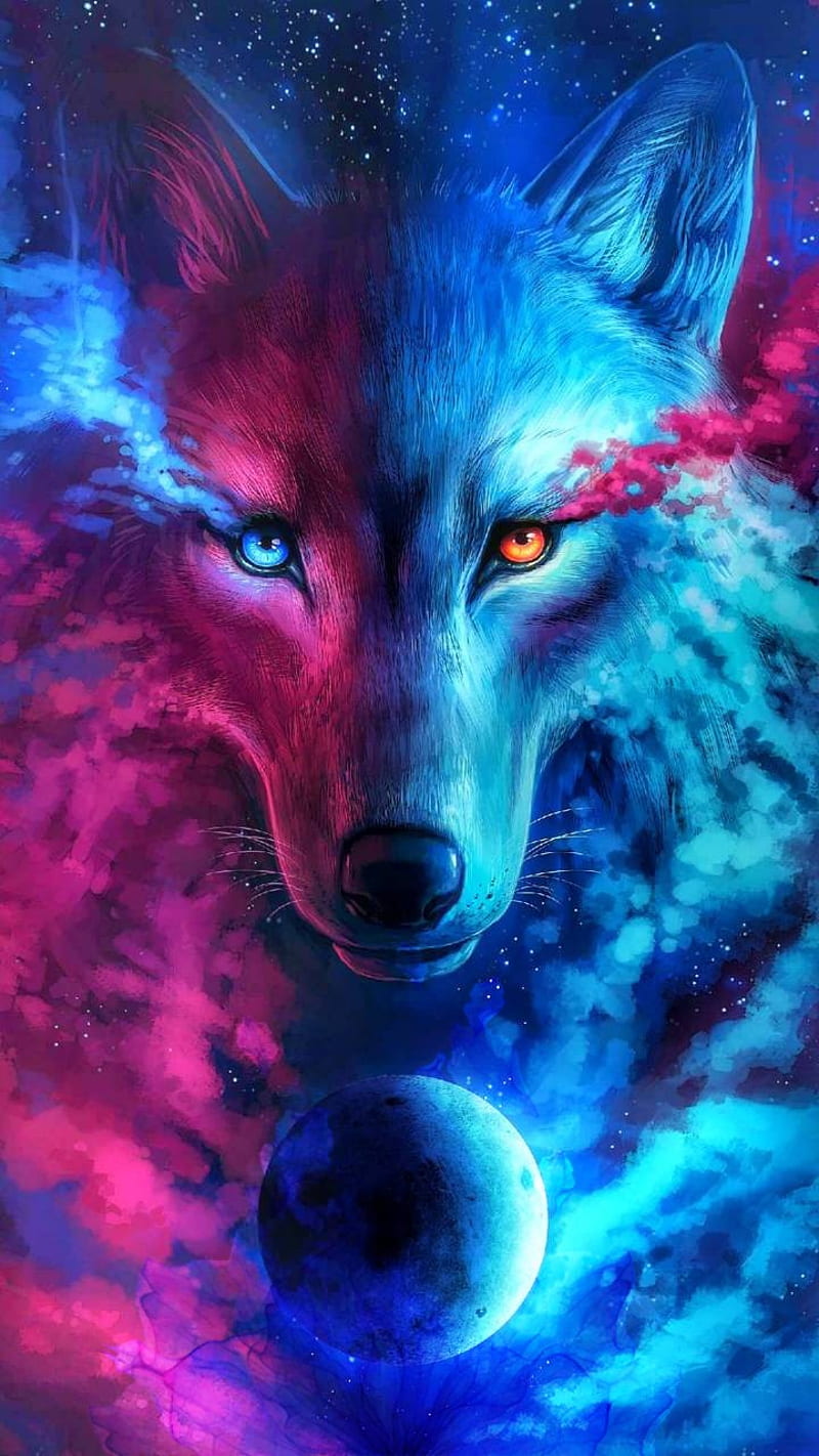 Wolf, blue, colour, galaxy, kurt, lone, new, pink, red, white, HD phone wallpaper