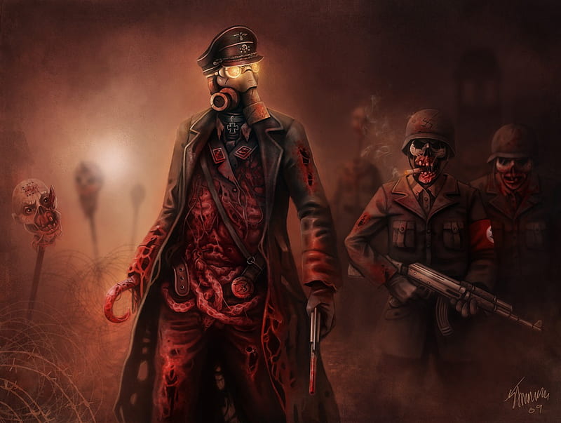 Zombie Patrol, spikes, soldiers, abstract, artwork, zombie, weapons, skulls, fantasy, uniform, gas-mask, HD wallpaper