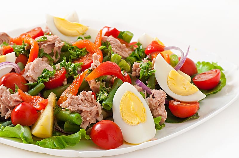 Food, Egg, Salad, Tomato, Lettuce, Tuna, HD wallpaper
