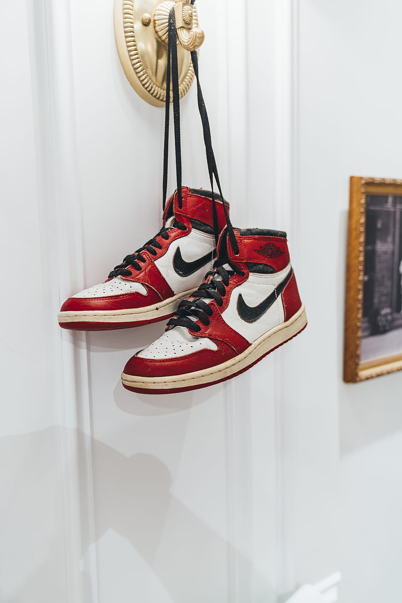 white-red-and-black Air Jordan 1's hung on wall rack, HD phone wallpaper
