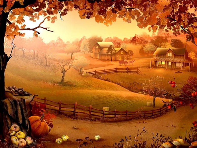 Beautiful autumn, autumn, harvest, lovely, view, aceful, colors, bonito, painting, best, peaceful, color, nature, fields, landscape, pumpkins, HD wallpaper