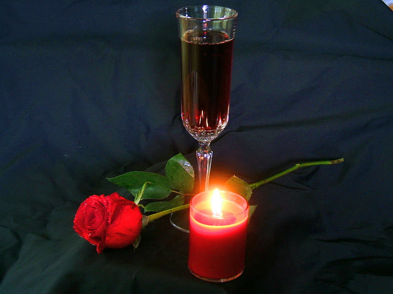 Wine, rose and candlelight, red rose, candle, glass, flame, wine, flower, HD wallpaper