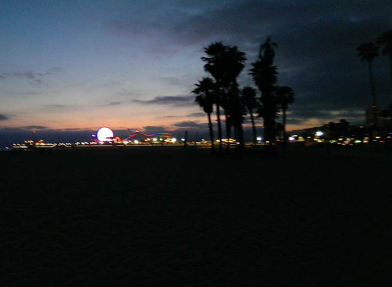 Santa Monica Pier, beach, dusk, failing light, pier, santa monica, sunset, tree, HD wallpaper