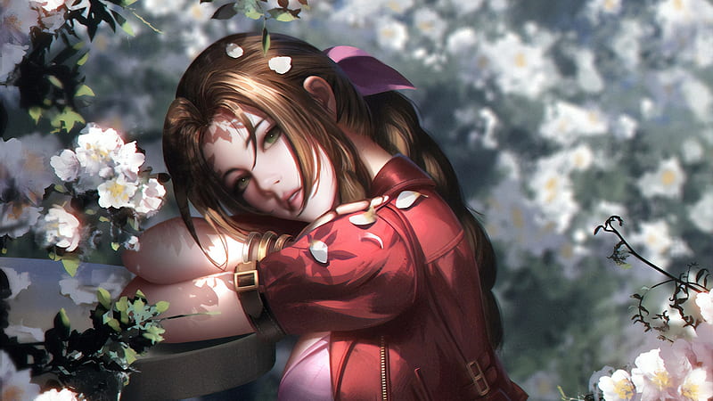 Aerith, red, fantasy, girl, flower, petals, liang xing, white, HD wallpaper