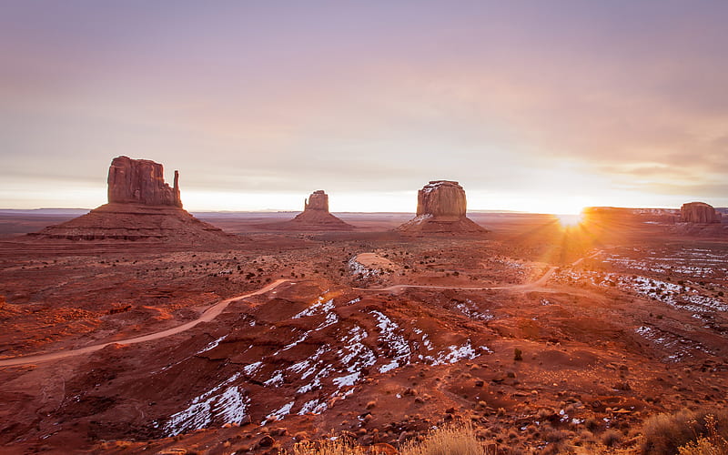 Monument Valley, winter desert, sunset, cliffs, Utah, America, USA, HD wallpaper