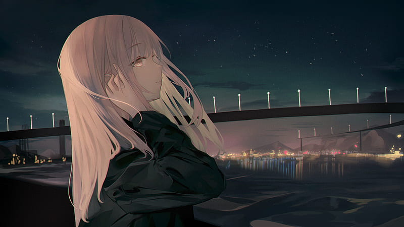 pretty anime girl, profile view, pink hair, night, bridge, stars, Anime, HD wallpaper