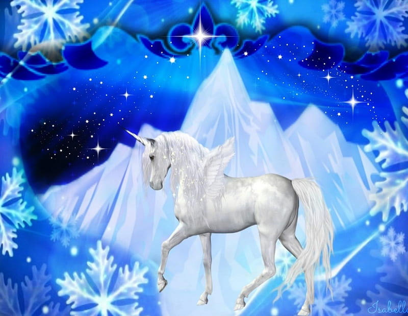 Once Upon A Time ~, Stars, Sky, White, Mountain, Legend, Fantasy, Winter, manipulation, Unicorn, Night, HD wallpaper