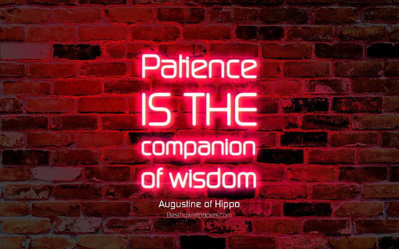Patience is the companion of wisdom purple brick wall, Augustine of Hippo Quotes, neon text, inspiration, Augustine of Hippo, quotes about wisdom, HD wallpaper