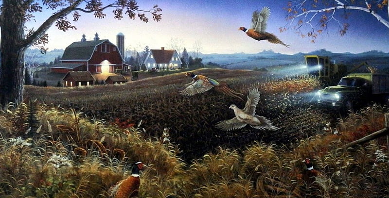 Evening Harvest, house, painting, la maquina, pheasants, artwork, barn, HD wallpaper