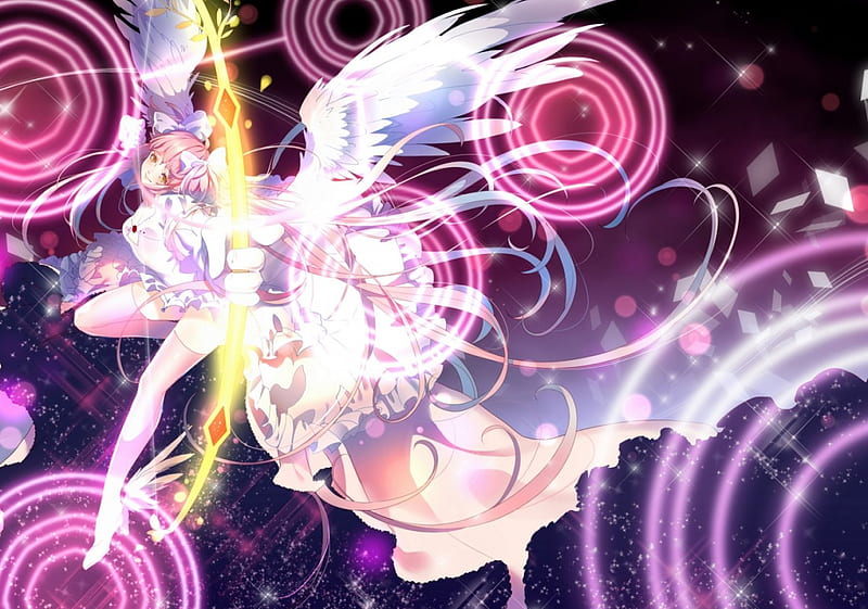 Kaname Madoka, art, wings, angel, maodka, god form, kaname, anime, anime girl, pink, HD wallpaper