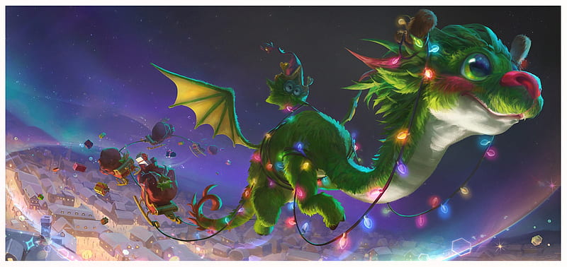 Christmas dragon, fantasy, luminos, craciun, green, soyoung kim, dragon, lights, blue, christmas, HD wallpaper