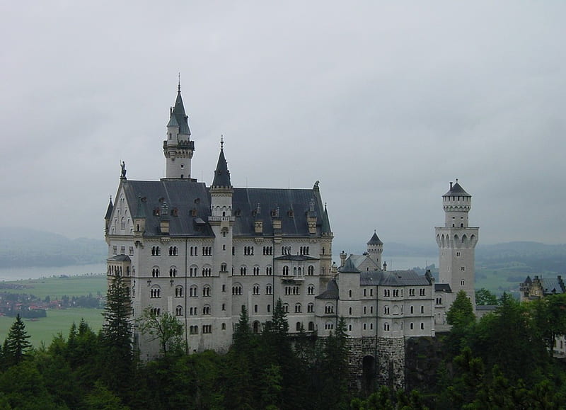 Swiss Castle, roof, towers, high, gris, white, trees, castle, HD wallpaper