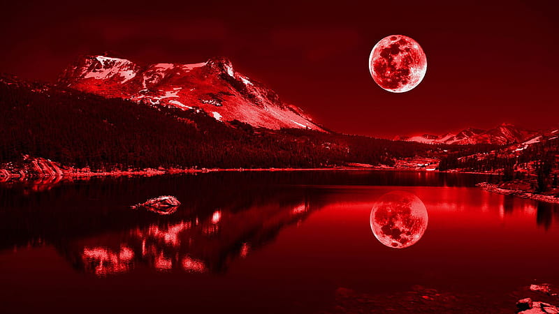 Landscape View Of Mountains Red Moon Sky Background Reflection On Water Red, HD wallpaper