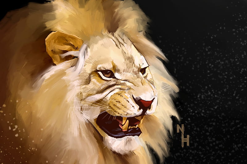 lion, grin, art, predator, king of beasts, HD wallpaper
