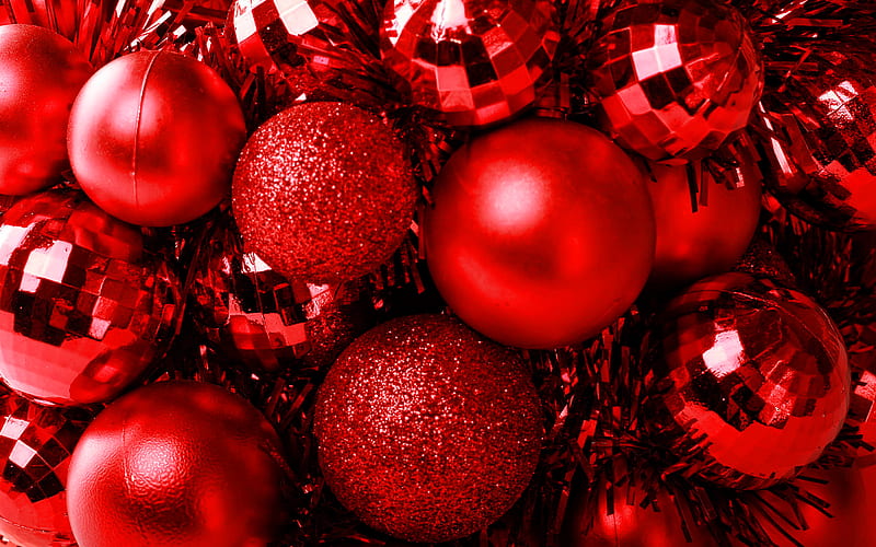 red tinsel, red christmas balls, Happy New Year, christmas decorations, xmas balls, red christmas backgrounds, new year concepts, Merry Christmas, HD wallpaper